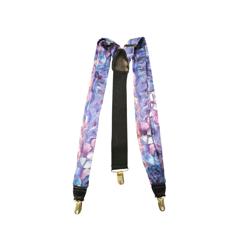 G&S Germany Vtg Purple Abstract Geometric Y-Back Clip-On Suspenders Gold Tone